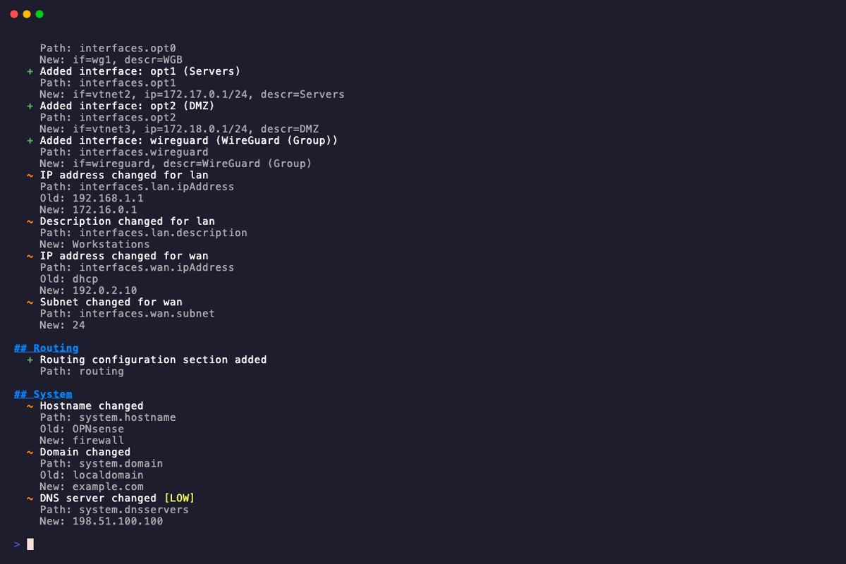 Screenshot of opnDossier diff command showing structured configuration changes grouped by section