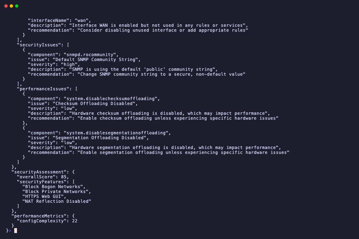 Screenshot of opnDossier convert command showing JSON export of firewall rules