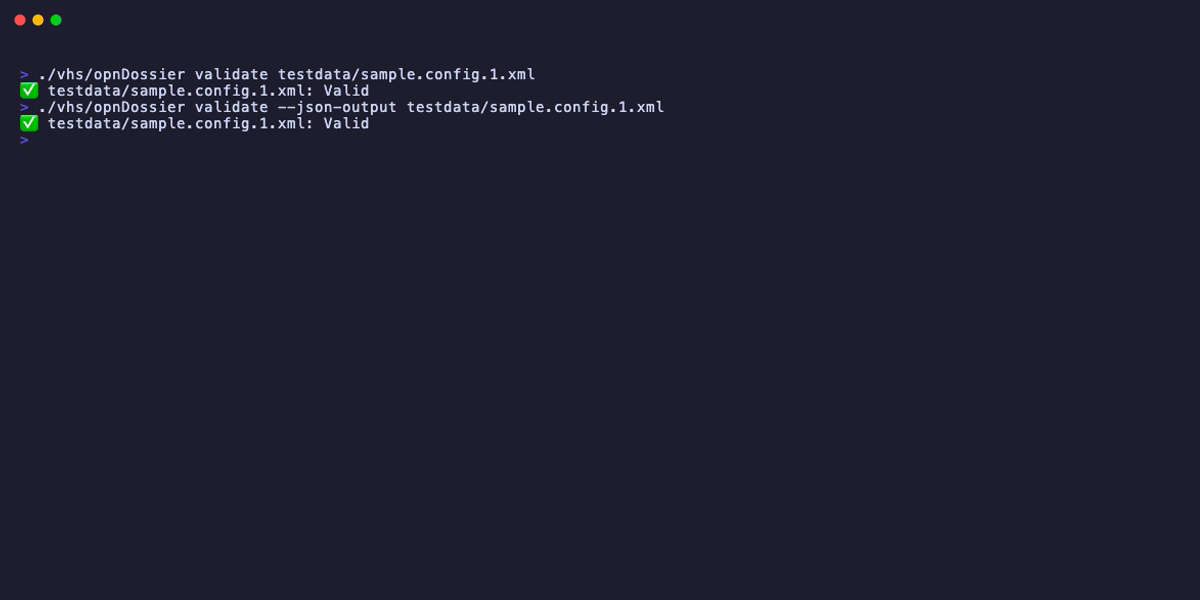 Screenshot of opnDossier validate command showing successful validation and JSON output mode